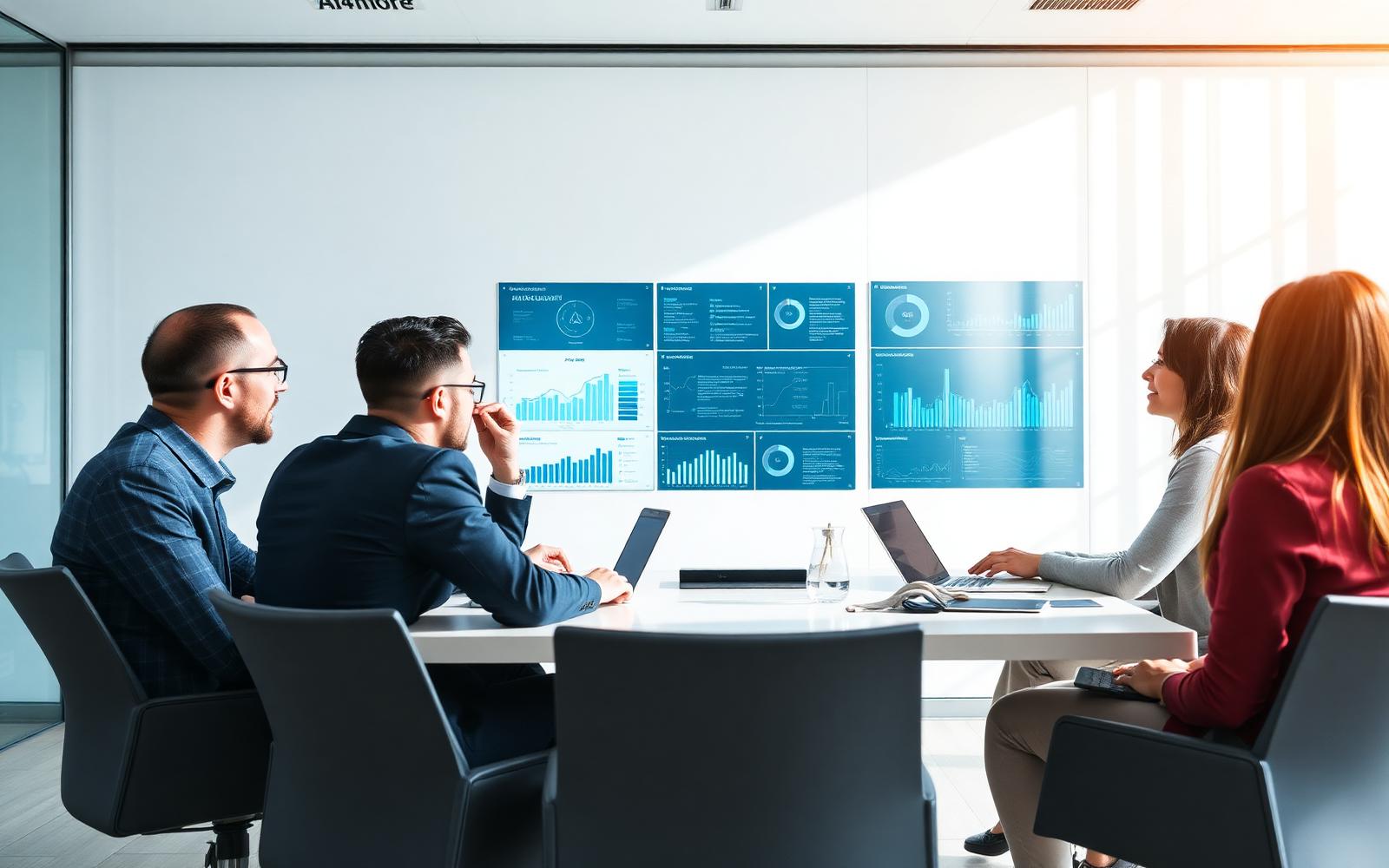 Équipe dirigeante analysant une stratégie digitale et IA en réunion